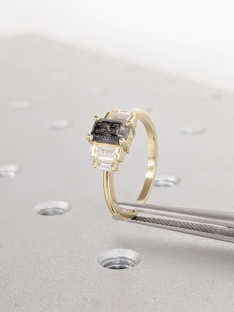 Vintage Salt and Pepper Grey Diamond Engagement Ring | Unique Emerald cut Yellow Gold Ring | Multi Stone Diamond Rings | Anniversary Ring