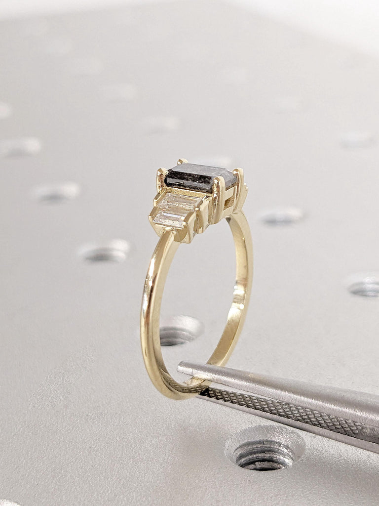 Vintage Salt and Pepper Grey Diamond Engagement Ring | Unique Emerald cut Yellow Gold Ring | Multi Stone Diamond Rings | Anniversary Ring