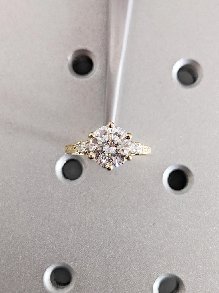 Round Moissanite Engagement Ring, Art Deco 14k Yellow Gold Wedding Ring, Marquise Cut Diamond Ring, Filigree Anniversary Ring, Gift for Wife