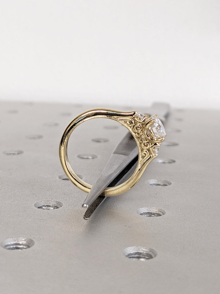 Filigree Moissanite Engagement Ring, 14k Yellow Gold Wedding Ring, Vintage Anniversary Ring, Two Tone Milgrain Ring, Unique Gift for Women