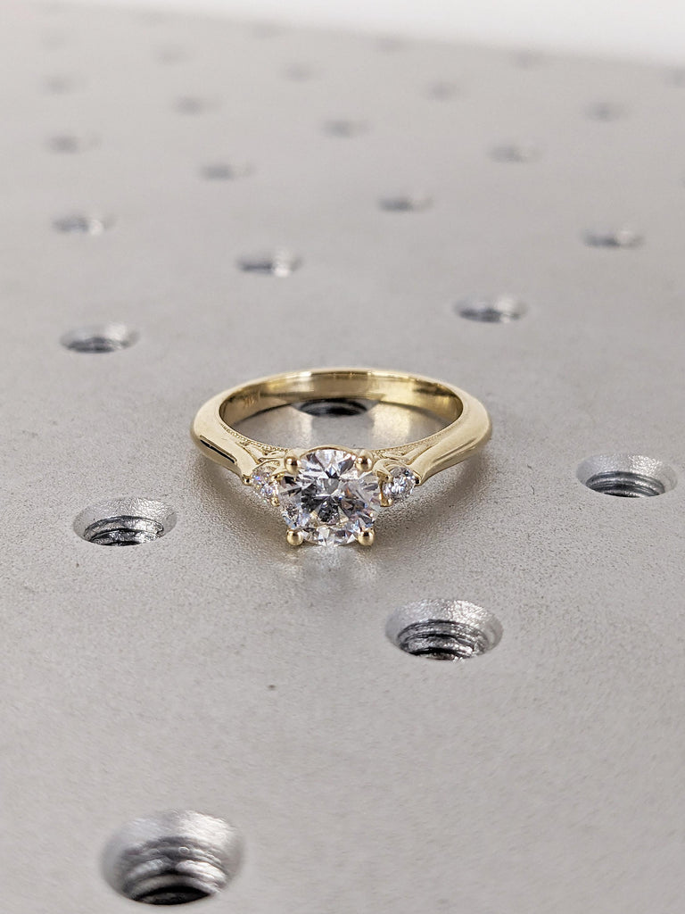 Round Lab Grown Diamond Engagement Ring, 14k Yellow Gold Diamond Ring, Unique Gift for Women, Filigree Two Tone Ring, Milgrain Proposal Ring