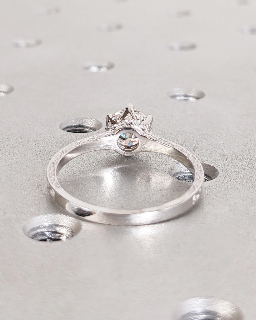 Vintage Engagement Ring Moissanite Engagement Ring Art Deco Hidden Halo Ring Prong Set Anniversary Unique Ring Carved Filigree Minimalist