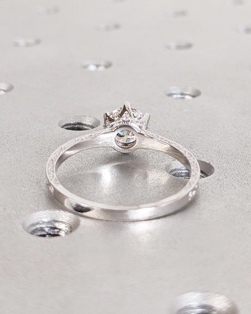 Vintage Engagement Ring Moissanite Engagement Ring Art Deco Hidden Halo Ring Prong Set Anniversary Unique Ring Carved Filigree Minimalist