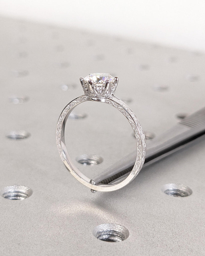 Vintage Engagement Ring Moissanite Engagement Ring Art Deco Hidden Halo Ring Prong Set Anniversary Unique Ring Carved Filigree Minimalist