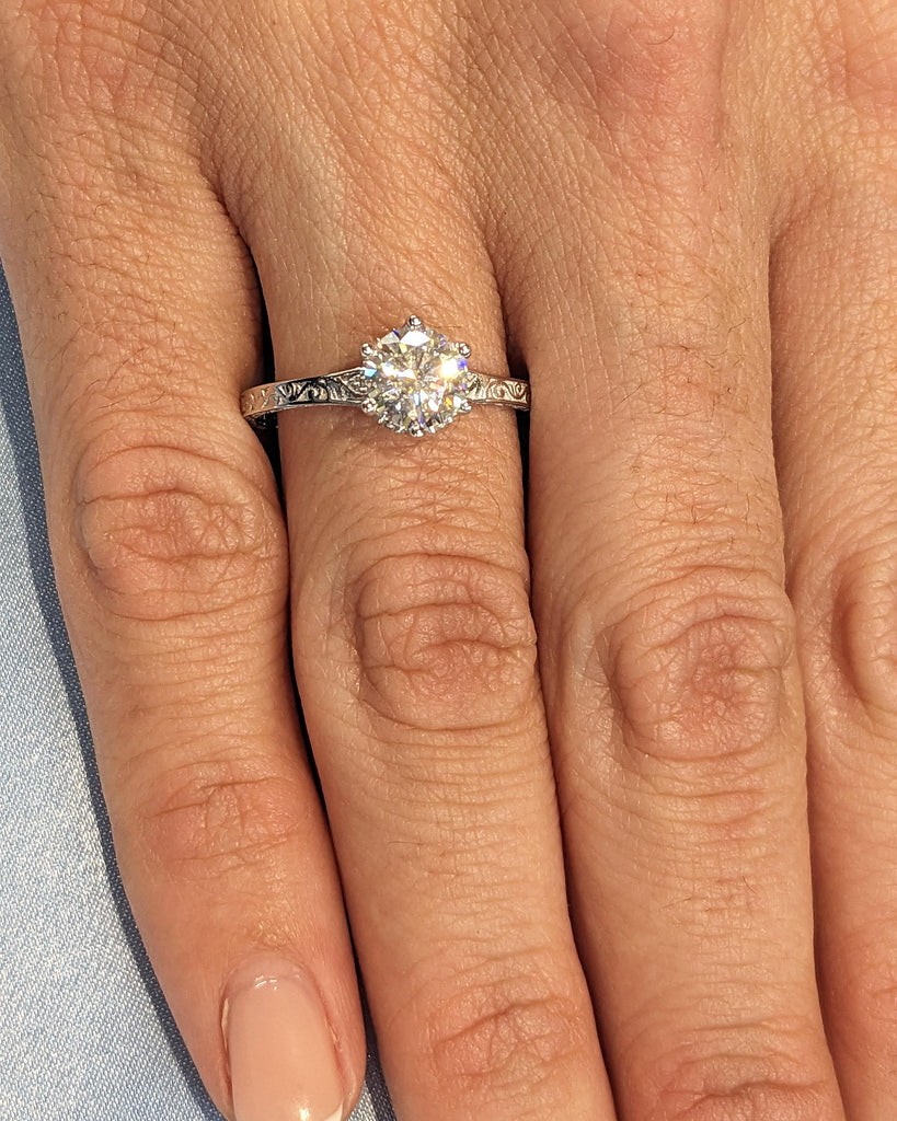 Vintage Engagement Ring Moissanite Engagement Ring Art Deco Hidden Halo Ring Prong Set Anniversary Unique Ring Carved Filigree Minimalist