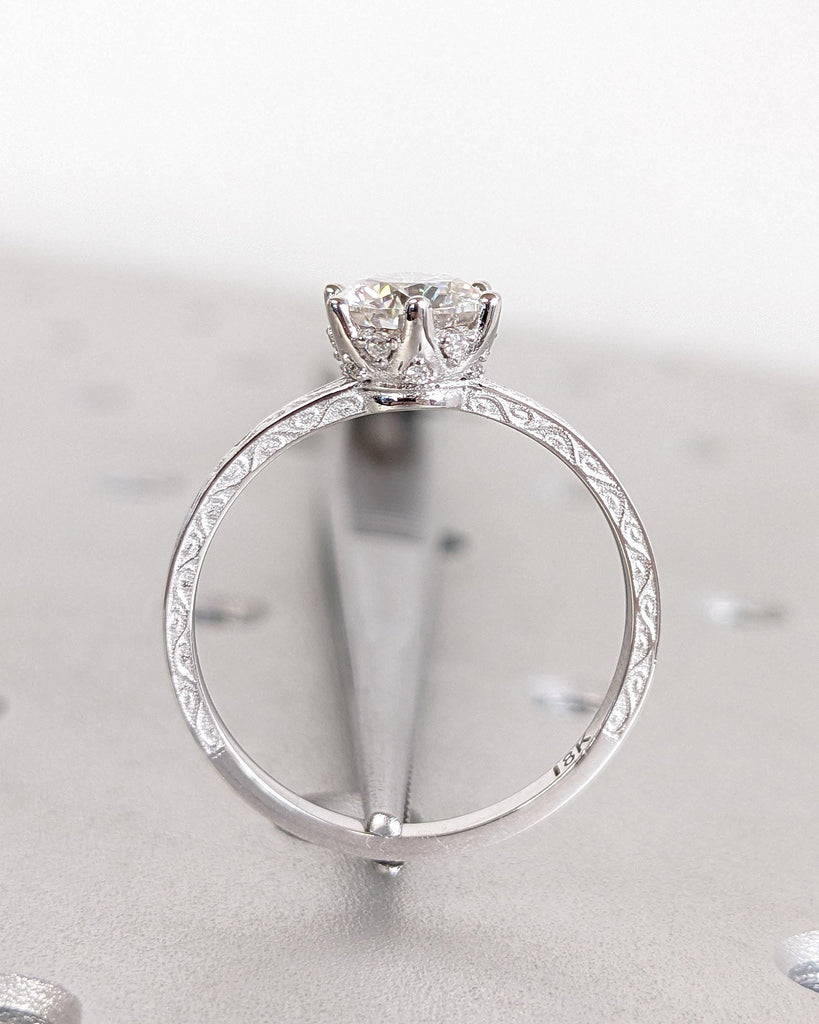 Vintage Engagement Ring Moissanite Engagement Ring Art Deco Hidden Halo Ring Prong Set Anniversary Unique Ring Carved Filigree Minimalist