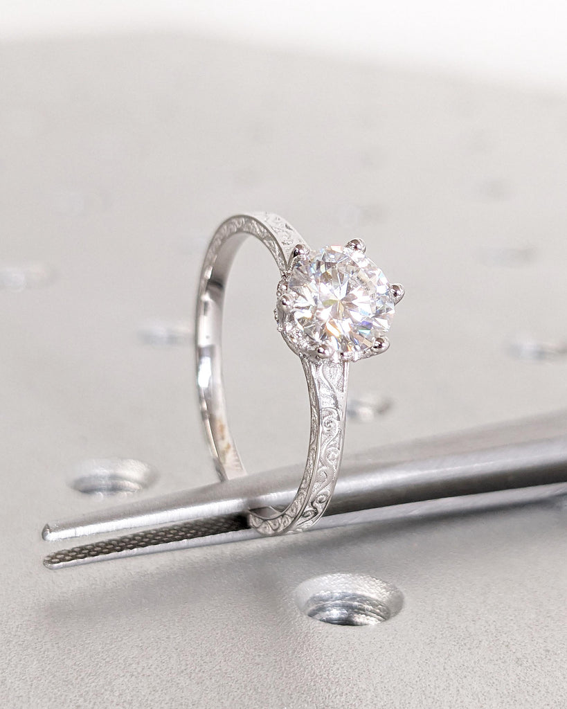 Vintage Engagement Ring Lab Grown Diamond Engagement Ring Art Deco Hidden Halo Ring Prong Set Anniversary Unique Ring Hand Carved Filigree