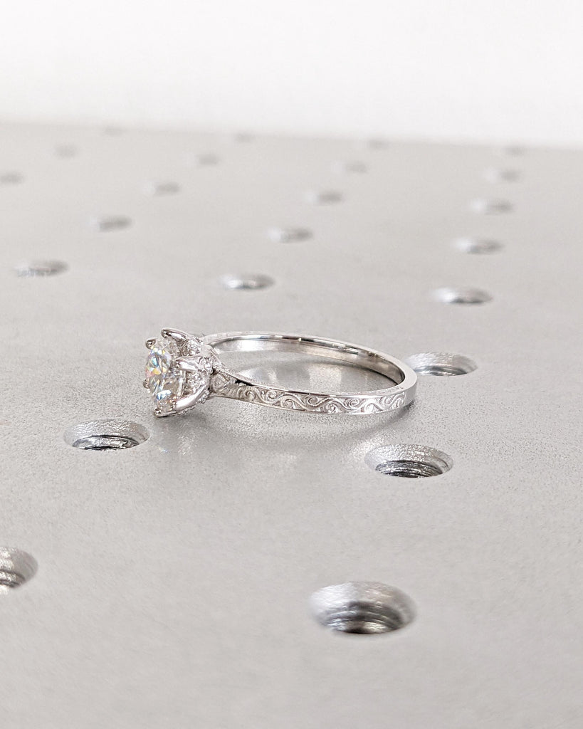 Vintage Engagement Ring Lab Grown Diamond Engagement Ring Art Deco Hidden Halo Ring Prong Set Anniversary Unique Ring Hand Carved Filigree