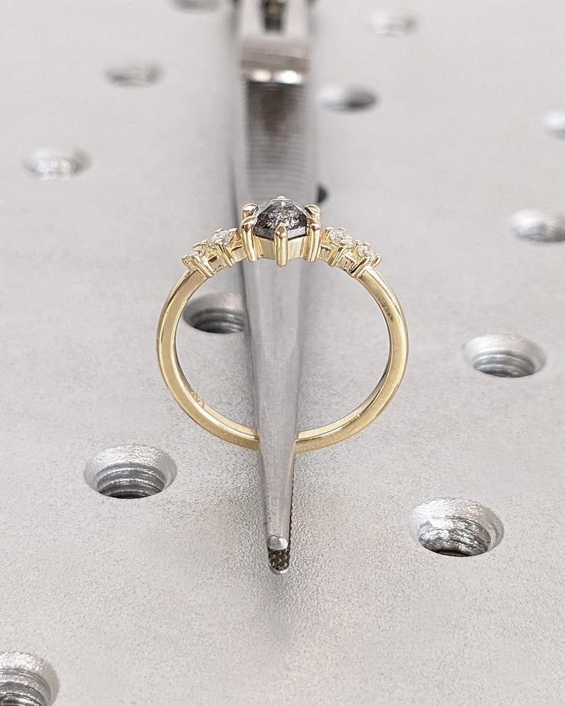 Hexagon cut Black Diamond Engagement Ring | Salt and Pepper Diamond Wedding Anniversary Ring Gift for Wife | Yellow Gold Ring | Dainty Rings
