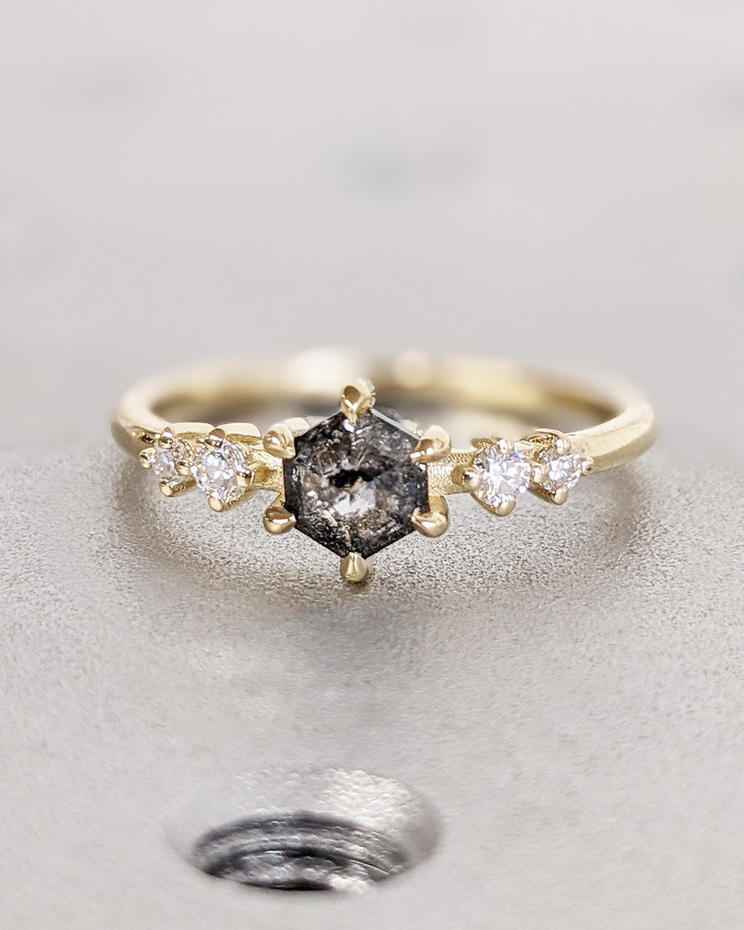 Hexagon cut Black Diamond Engagement Ring | Salt and Pepper Diamond Wedding Anniversary Ring Gift for Wife | Yellow Gold Ring | Dainty Rings