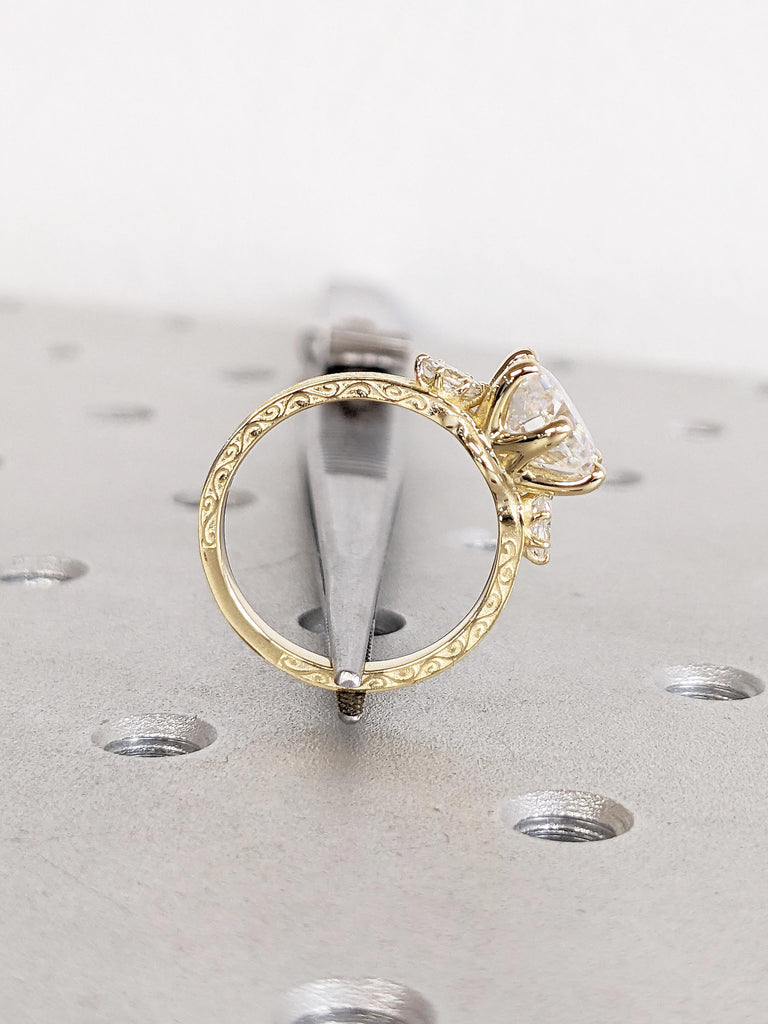 Round Moissanite Engagement Ring, Art Deco 14k Yellow Gold Wedding Ring, Marquise Cut Diamond Ring, Filigree Anniversary Ring, Gift for Wife