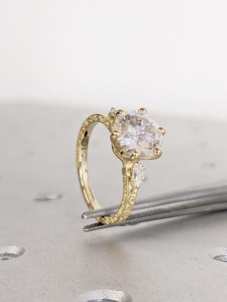 Round Moissanite Engagement Ring, Art Deco 14k Yellow Gold Wedding Ring, Marquise Cut Diamond Ring, Filigree Anniversary Ring, Gift for Wife