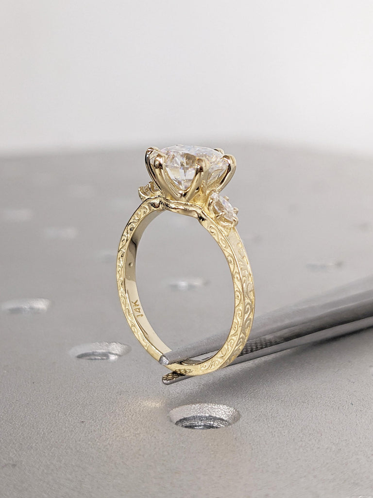 Round Moissanite Engagement Ring, Art Deco 14k Yellow Gold Wedding Ring, Marquise Cut Diamond Ring, Filigree Anniversary Ring, Gift for Wife