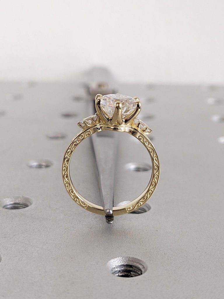 Round Moissanite Engagement Ring, Art Deco 14k Yellow Gold Wedding Ring, Marquise Cut Diamond Ring, Filigree Anniversary Ring, Gift for Wife
