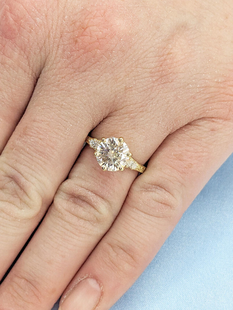 Round Moissanite Engagement Ring, Art Deco 14k Yellow Gold Wedding Ring, Marquise Cut Diamond Ring, Filigree Anniversary Ring, Gift for Wife