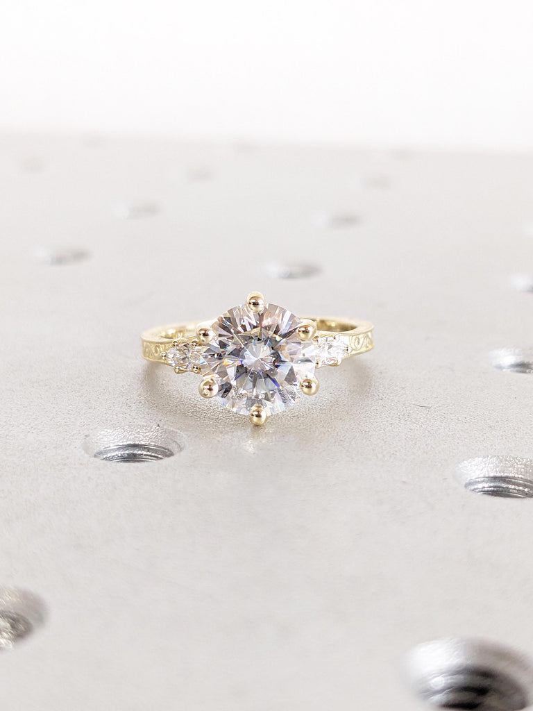 Round Moissanite Engagement Ring, Art Deco 14k Yellow Gold Wedding Ring, Marquise Cut Diamond Ring, Filigree Anniversary Ring, Gift for Wife