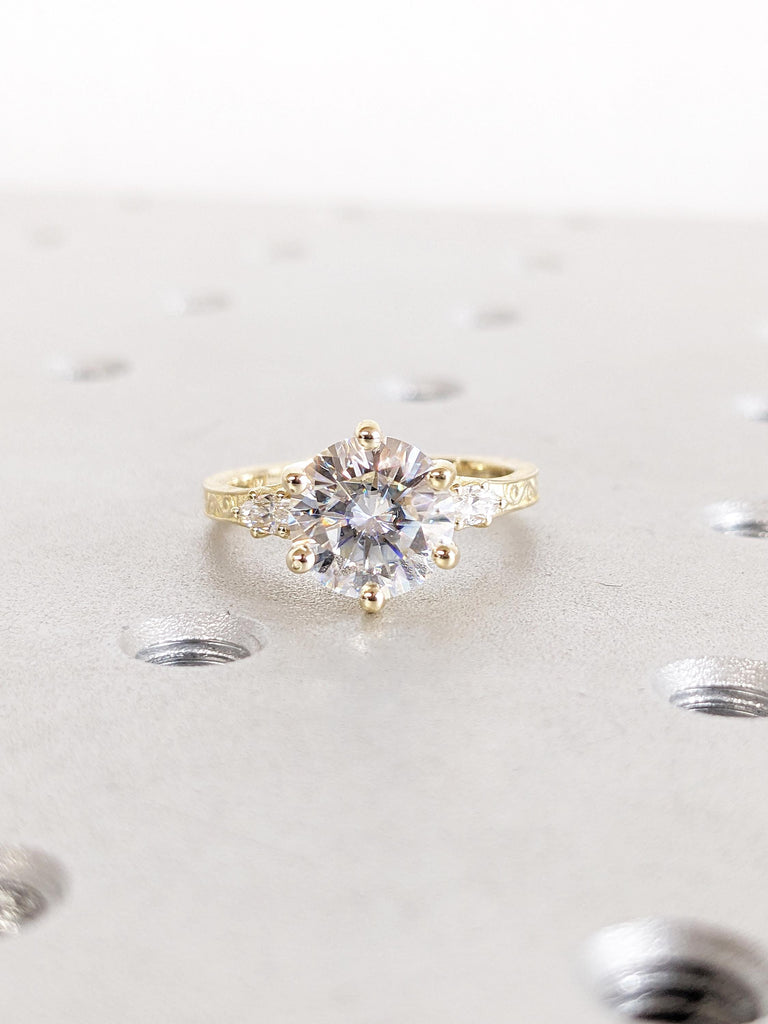 Filigree 14k Yellow Gold Promise Ring, Dainty Moissanite Statement Ring, Unique Round Marquise Cut Moissanite Ring, Wedding Anniversary Gift
