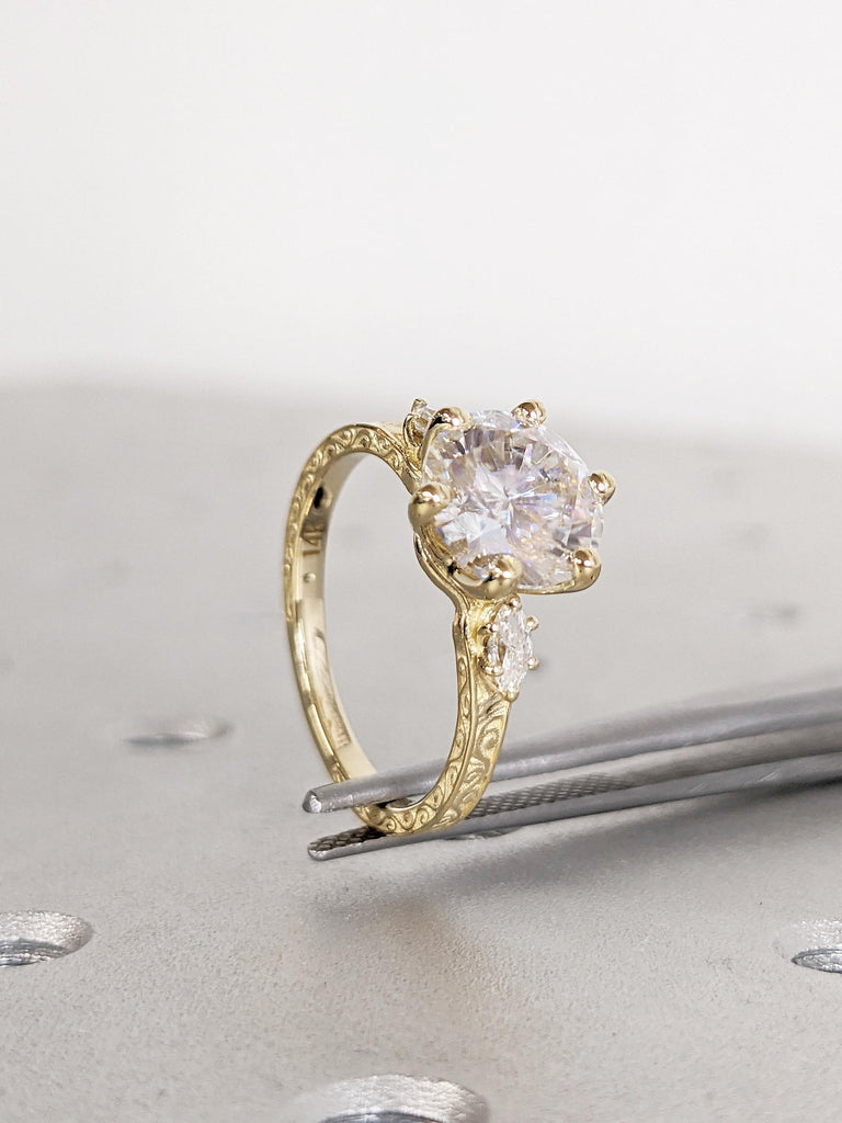 Art Deco Lab Grown Diamond Ring, Filigree 14k Yellow Gold Wedding Ring, Round Marquise Cut Diamond Ring, Proposal Ring, Bridal Gift for Her