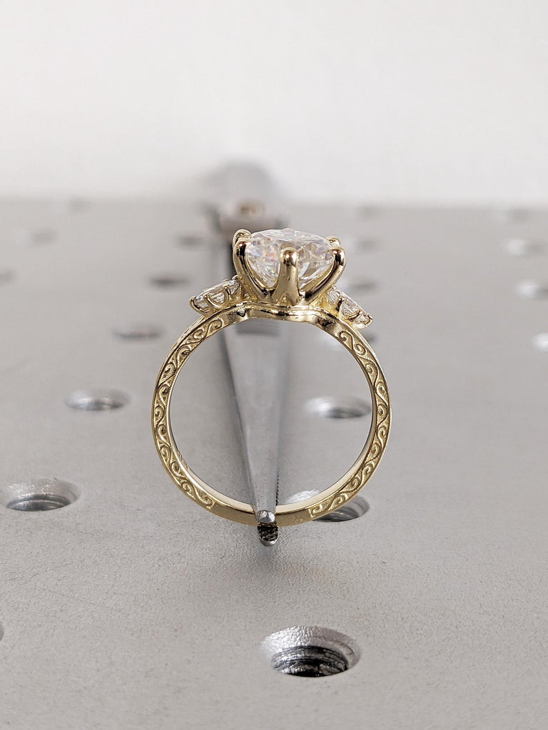 Art Deco Lab Grown Diamond Ring, Filigree 14k Yellow Gold Wedding Ring, Round Marquise Cut Diamond Ring, Proposal Ring, Bridal Gift for Her