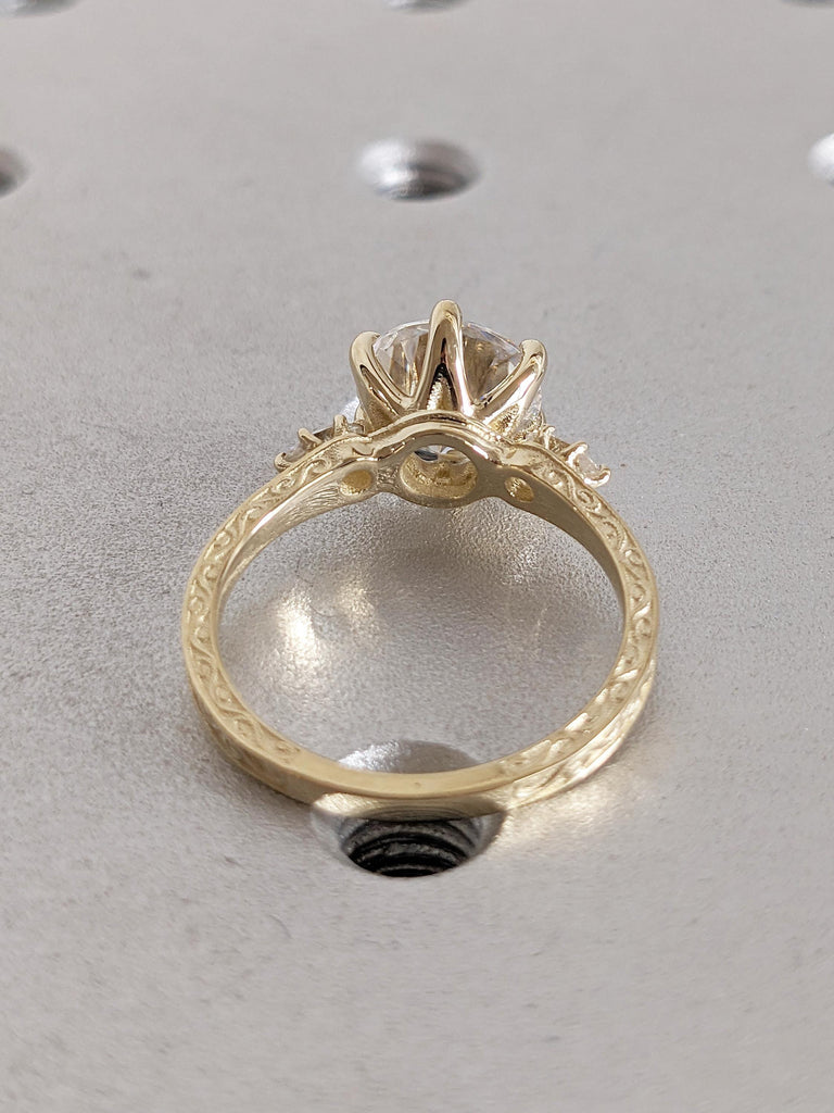 Art Deco Lab Grown Diamond Ring, Filigree 14k Yellow Gold Wedding Ring, Round Marquise Cut Diamond Ring, Proposal Ring, Bridal Gift for Her