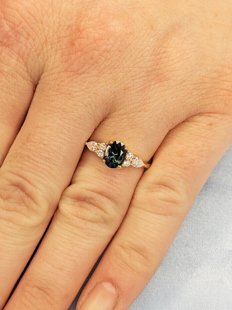 18k Rose Gold Peacock Sapphire Engagement Ring, Unique Blue Green