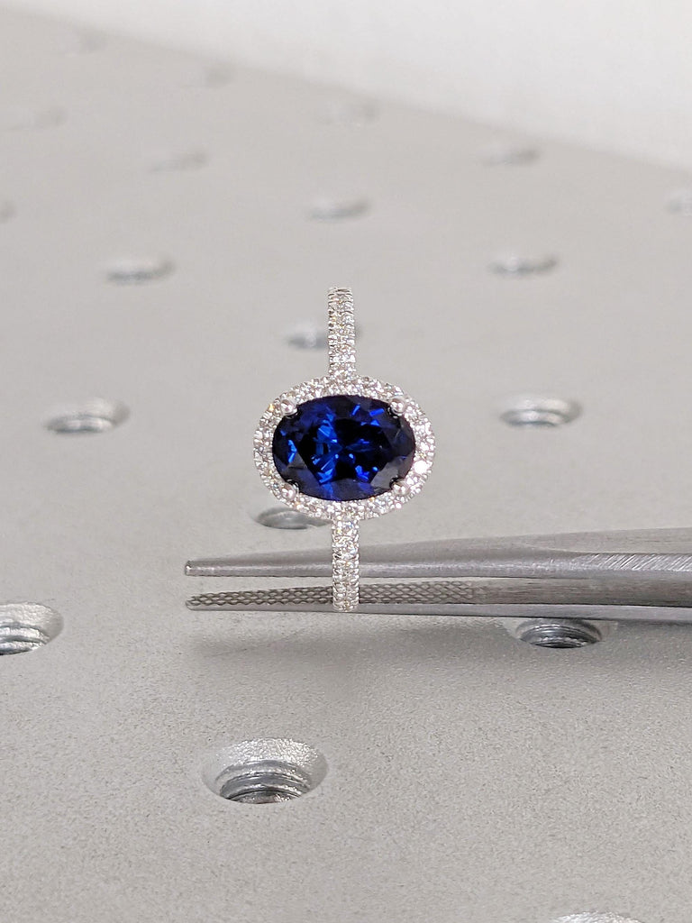 Vintage Oval Halo Rings | Lab Created Sapphire Engagement Rings for Women | White Gold Blue Sapphire Ring | Sapphire and Diamond Ring