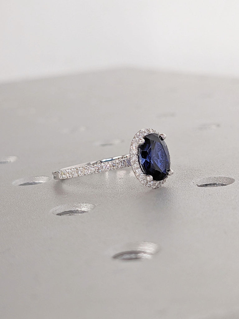 Sapphire and Diamond Ring | Vintage Oval Halo Rings | Lab Created Sapphire Engagement Rings for Women | White Gold Blue Sapphire Ring