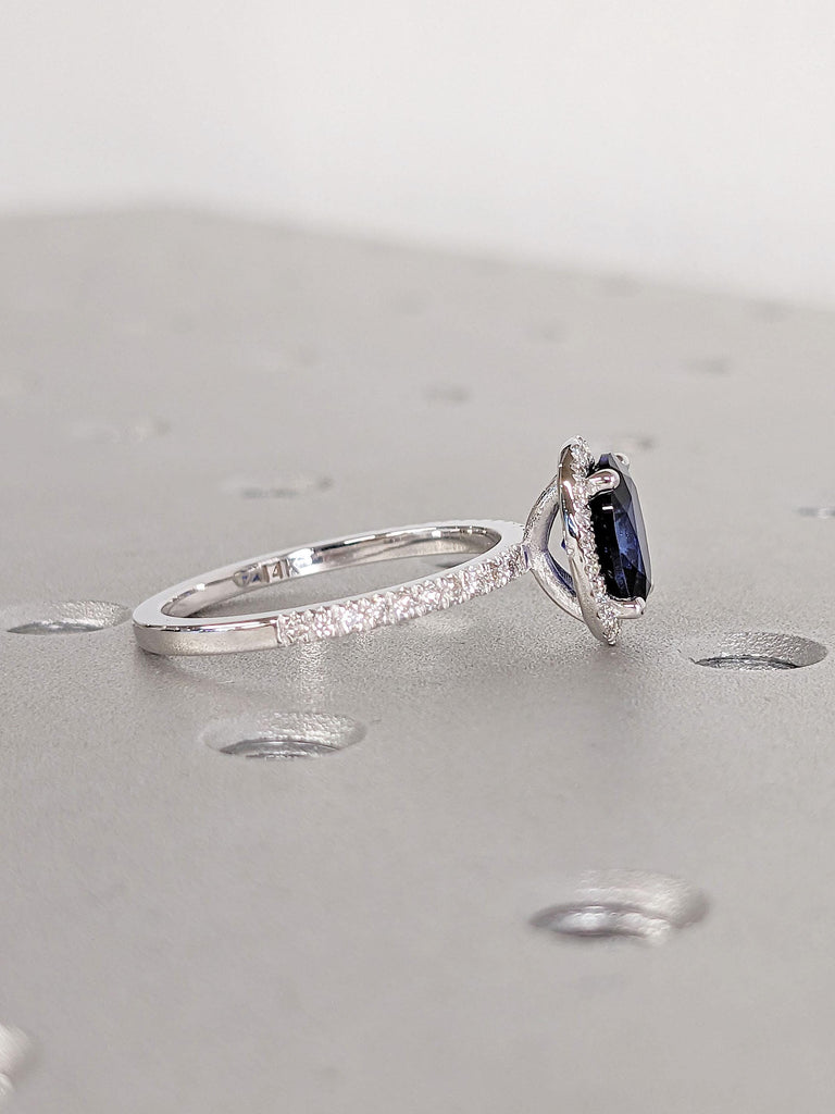 Sapphire and Diamond Ring | Vintage Oval Halo Rings | Lab Created Sapphire Engagement Rings for Women | White Gold Blue Sapphire Ring
