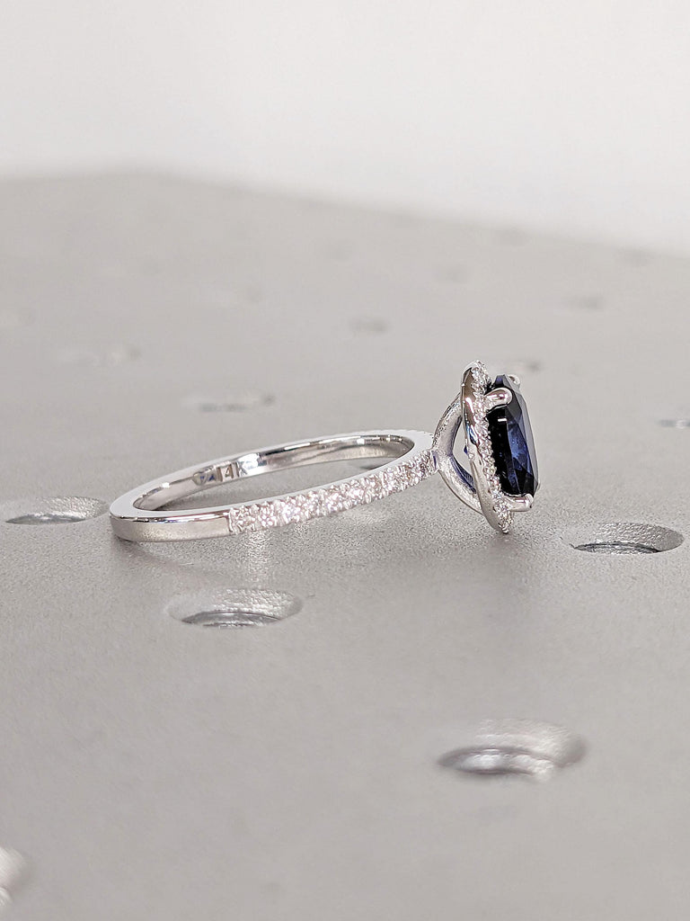 Sapphire and Diamond Ring | Vintage Oval Halo Rings | Lab Created Sapphire Engagement Rings for Women | White Gold Blue Sapphire Ring