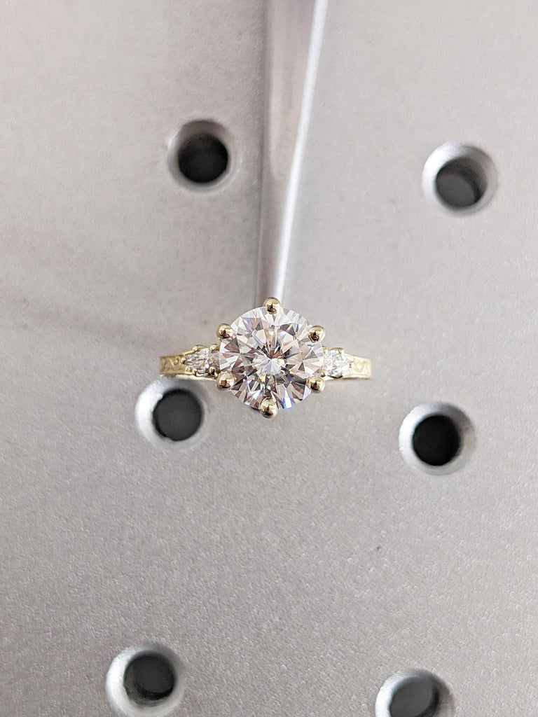 Art Deco Lab Grown Diamond Ring, Filigree 14k Yellow Gold Wedding Ring, Round Marquise Cut Diamond Ring, Proposal Ring, Bridal Gift for Her