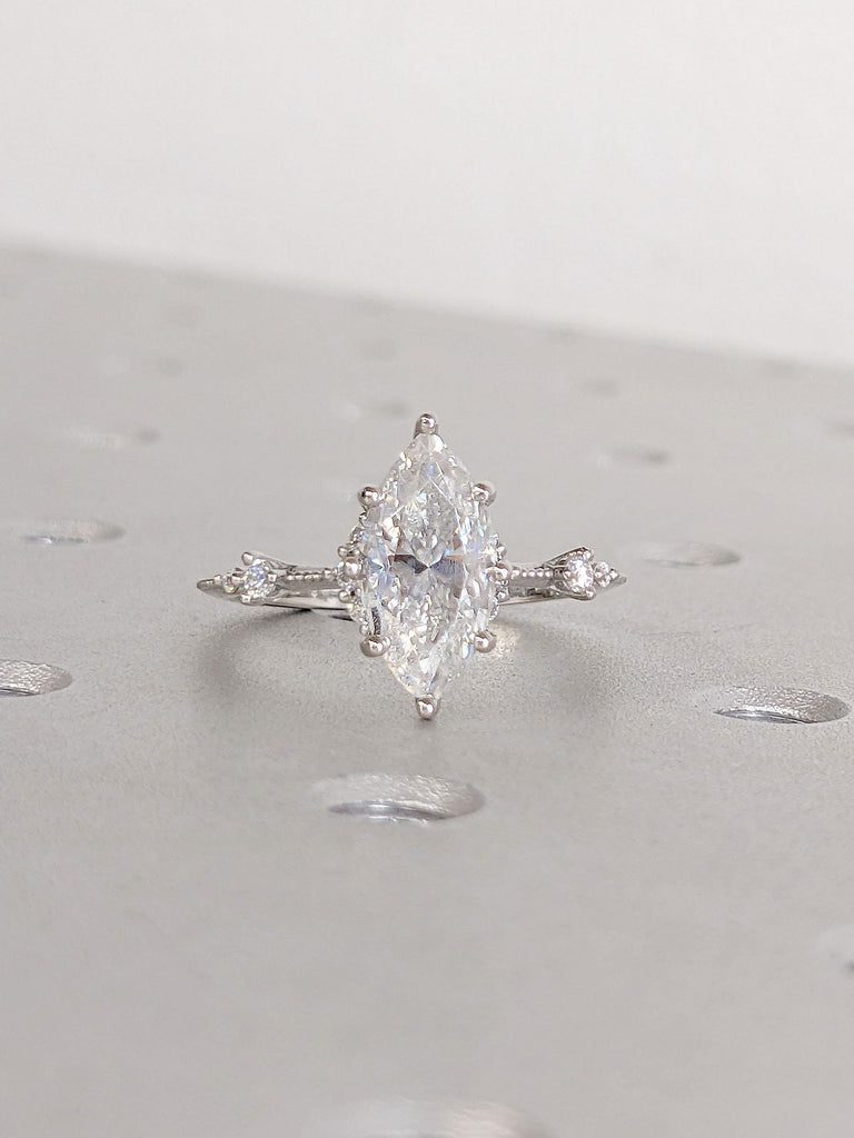 Marquise Solitaire Engagement Ring | 1, 1.5ct Moissanite Platinum Ring | Dainty Cluster Ring | Wedding Anniversary Gift, Unique Promise Ring