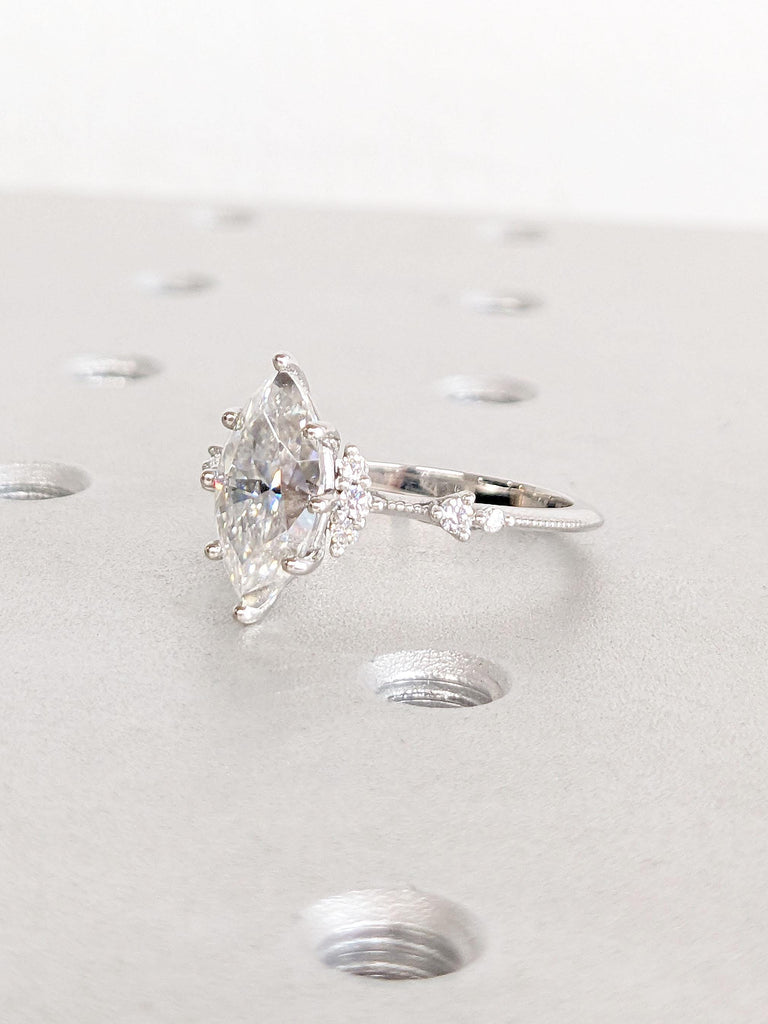 Art Deco Promise Ring for Her | Platinum Moissanite Ring | 1.5, 2, 2.5 Carat Moissanite Engagement Ring | Marquise cut Ring | Vintage Rings