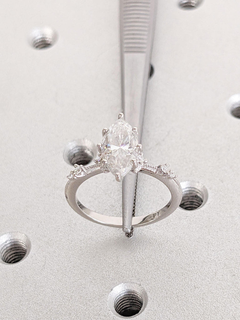 Marquise Moissanite Vintage Engagement Ring | Mligrain Wedding Ring | White Gold or Platinum Woman Bridal Jewelry