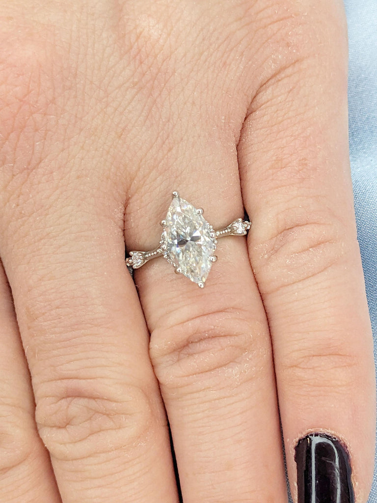 Unique Man Made Diamond Hidden Halo Ring | Certified Diamond Engagement Ring | Vintage Milgrain Wedding Band | Platinum Woman Bridal Jewelry