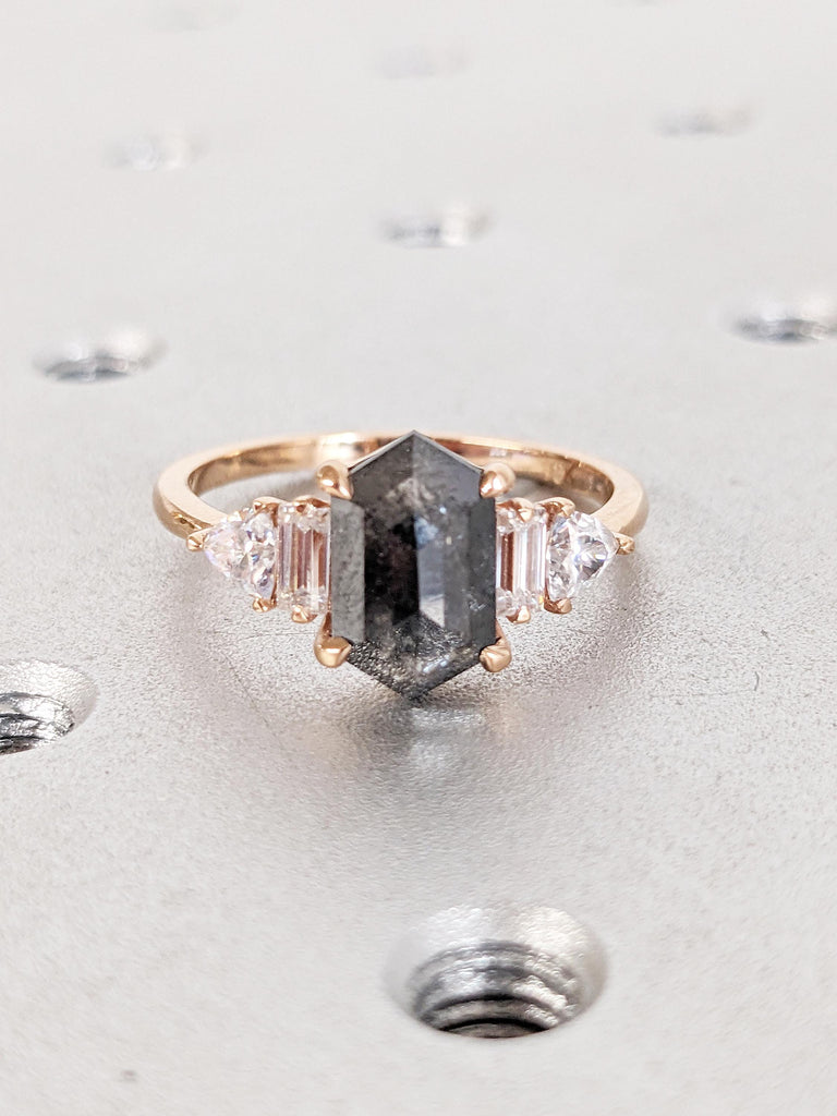 18k Rose Gold Salt and Pepper Diamond Ring, Art Deco Statement Ring, Vintage Diamond Wedding Rings for Women, Baguette, Trillion Cut Ring