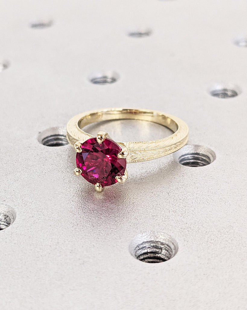 14K Solid Yellow Gold Vintage Solitaire Ruby Ring, Round Lab Red Ruby Engagement Ring, Art Deco Milgrain Ring, 6 Prong Ring, July Birthstone
