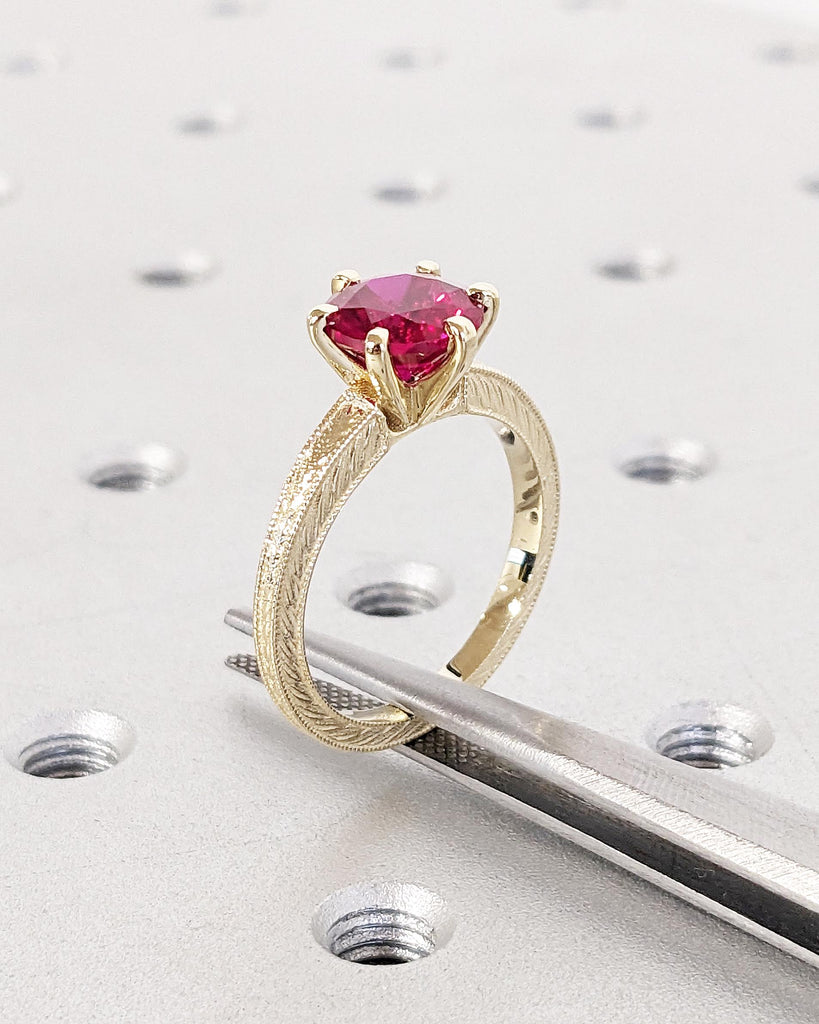14K Solid Yellow Gold Vintage Solitaire Ruby Ring, Round Lab Red Ruby Engagement Ring, Art Deco Milgrain Ring, 6 Prong Ring, July Birthstone