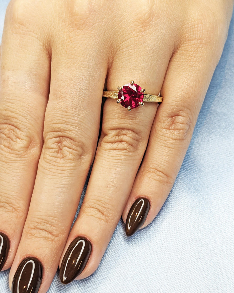 14K Solid Yellow Gold Vintage Solitaire Ruby Ring, Round Lab Red Ruby Engagement Ring, Art Deco Milgrain Ring, 6 Prong Ring, July Birthstone