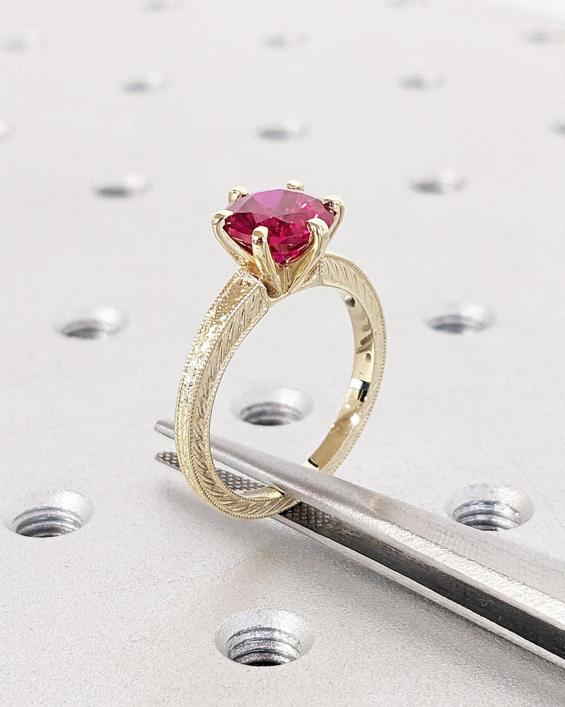 Vintage Solitaire Ruby Engagement Ring, 14K Yellow Gold Art Deco Milgrain Ring, Round Cut Lab Ruby Hand Engraved Wheat Ring, Valentine's Day