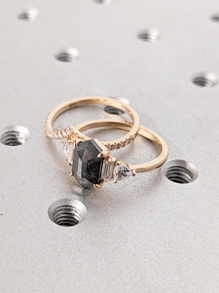 Unique 18k Rose Gold Engagement Ring Set, Vintage Salt and Pepper Diamond Ring, Dainty Moissanite Chevron Wedding Ring, Bridal Gift for Her