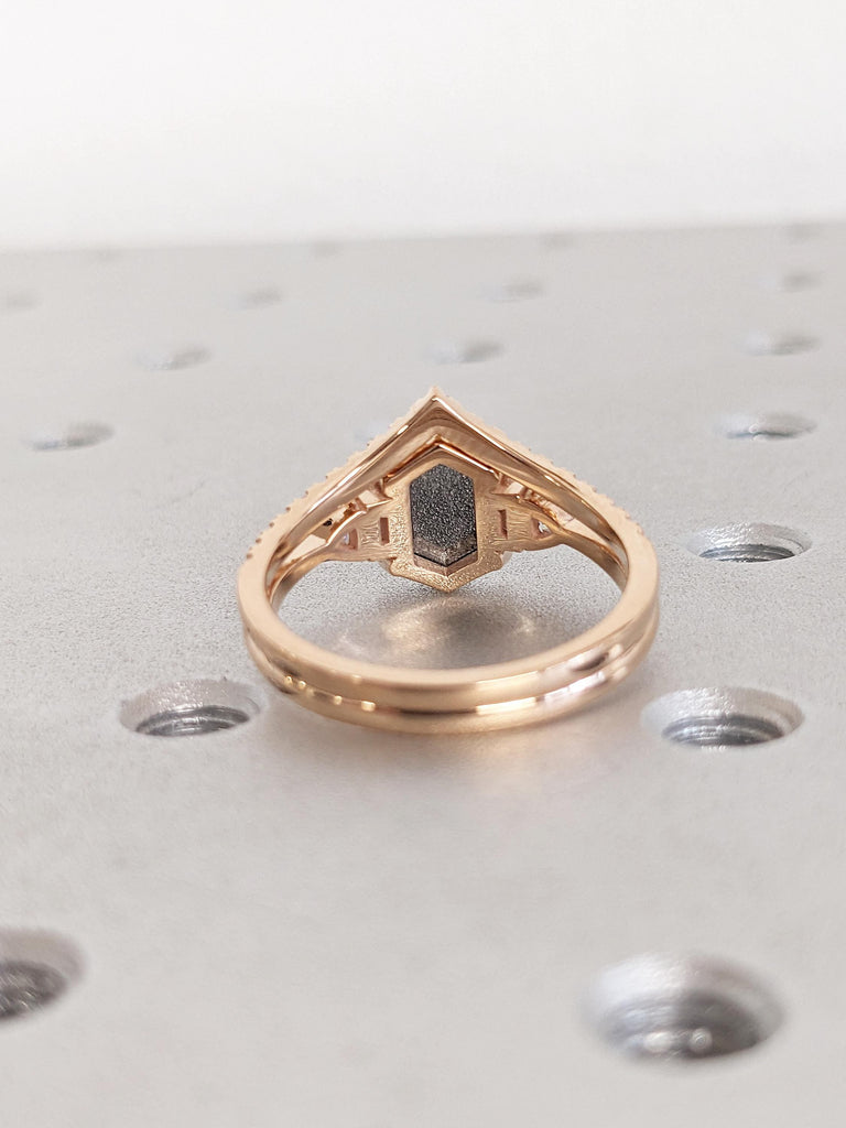 Unique 18k Rose Gold Engagement Ring Set, Vintage Salt and Pepper Diamond Ring, Dainty Moissanite Chevron Wedding Ring, Bridal Gift for Her