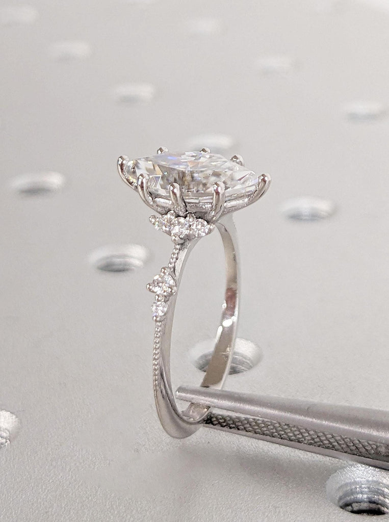 Unique Hidden Halo Ring | Marquise Halo Engagement Ring | Vintage Milgrain Wedding Band | Delicate White Gold Ring Promise Ring