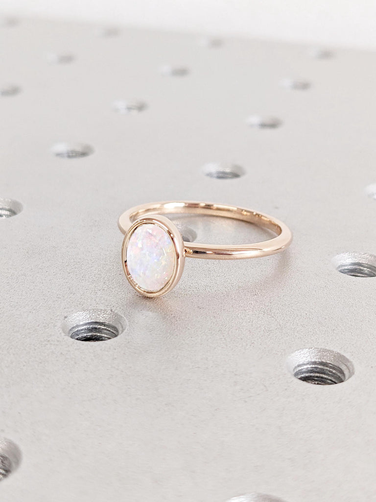 1CT Natural White Opal Engagement Ring for Her | 14k Rose Gold Promise Ring | Bezel Set Solitaire Ring | Oval Engagement Ring | Woman Bridal