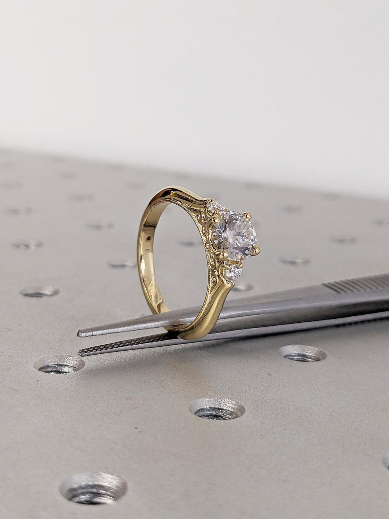 Round Lab Grown Diamond Engagement Ring, 14k Yellow Gold Diamond Ring, Unique Gift for Women, Filigree Two Tone Ring, Milgrain Proposal Ring