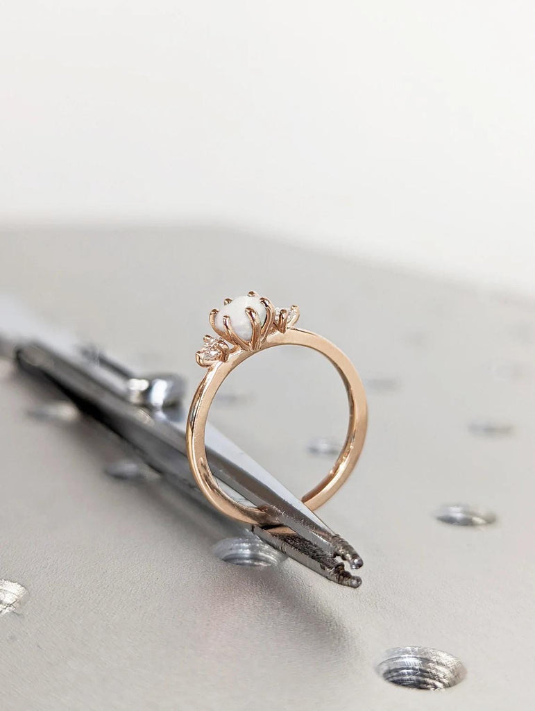 Natural Opal and Diamonds Engagement Ring | 14k Rose Gold Wedding Ring | Promise Ring for Her | Three Stone Ring | Round Engagement Ring