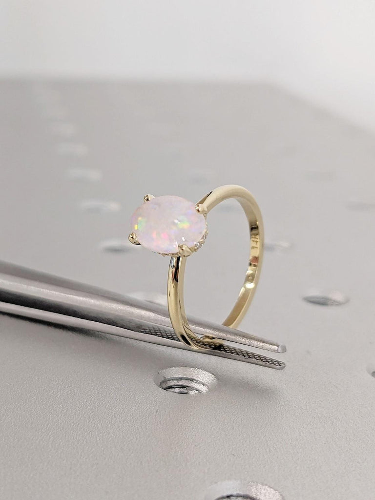 Oval Cut Hidden Halo Engagement Ring | 1CT Natural Opal Ring | 14K Solid Gold Promise Ring | Oval Opal Solitaire Engagement Ring for Women