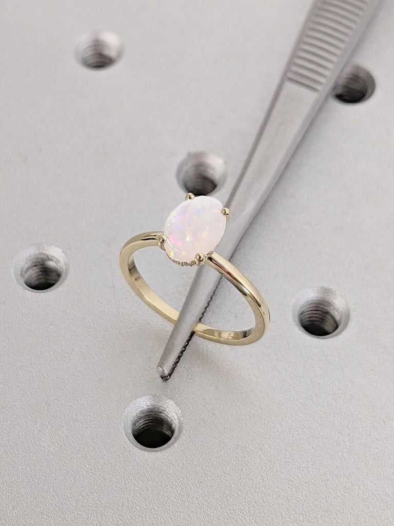 14K Solid Yellow Gold Ring | Hidden Halo Engagement Ring | Oval Ring | 1 Carat Opal Ring | Women Promise Ring For Her