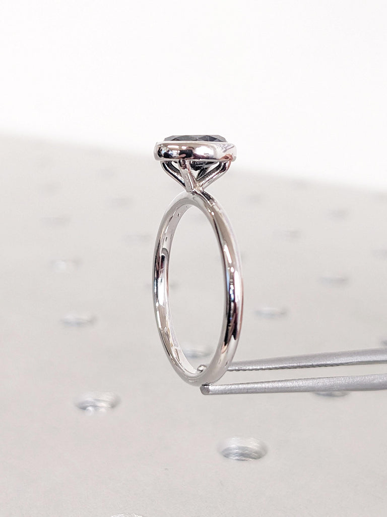 Oval Cut Salt and Pepper Diamond Ring | 14k White Gold Solitaire Engagement Ring | Unique Diamond Bezel Set Ring | Anniversary Gift for Mom