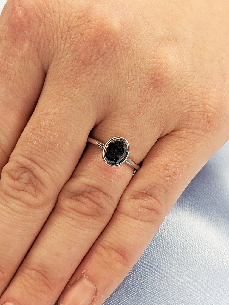 Oval Cut Salt and Pepper Diamond Ring | 14k White Gold Solitaire Engagement Ring | Unique Diamond Bezel Set Ring | Anniversary Gift for Mom