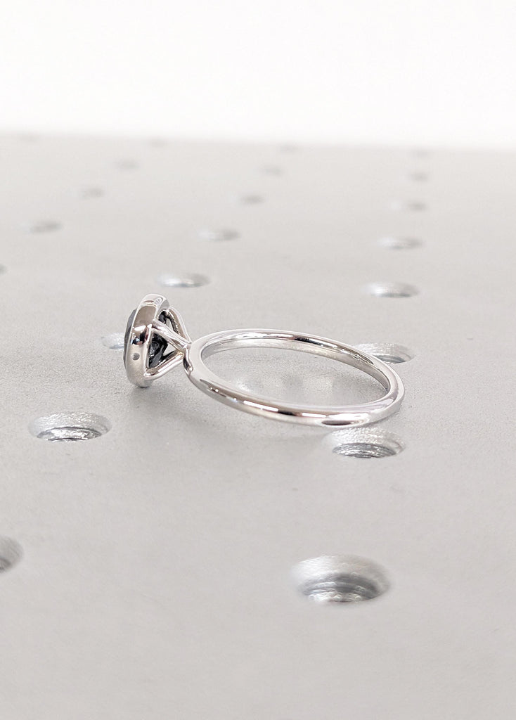 Oval Cut Salt and Pepper Diamond Ring | 14k White Gold Solitaire Engagement Ring | Unique Diamond Bezel Set Ring | Anniversary Gift for Mom